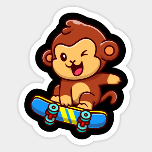 Cute Monkey Playing Skateboard Cartoon Sticker